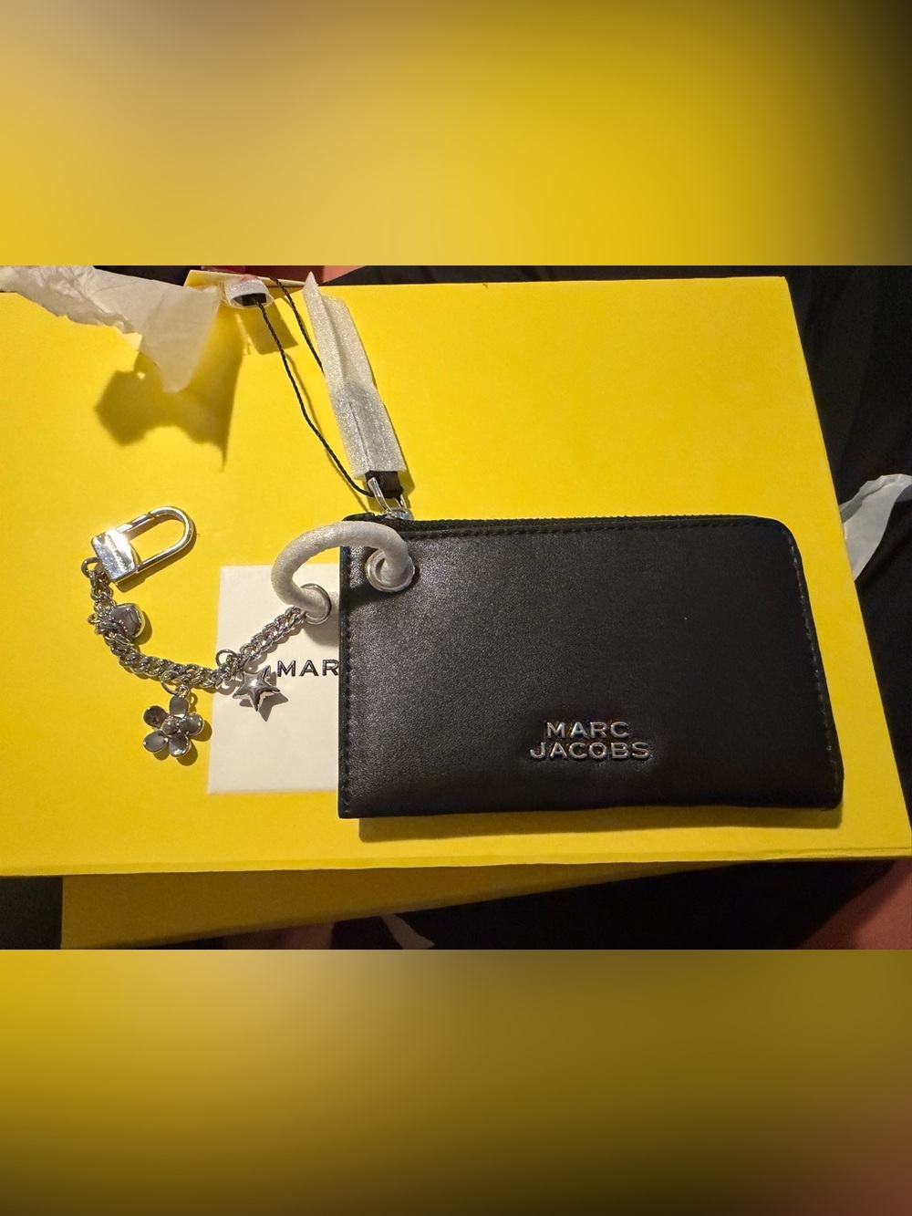 Marc Jacobs Black Leather Zip Card Holder with Charm Chain